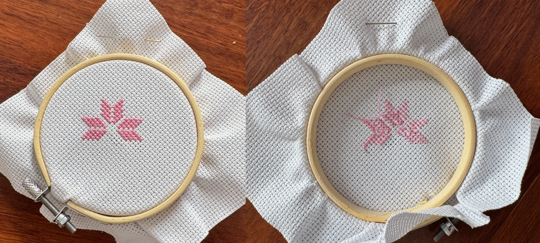Side by side images of Tatreez cross-stitch with an incomplete Star of Bethlehem pattern